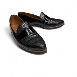 Paul Green Croc Embossed Patent Leather Loafers‎ Black Luxe Designer Flat